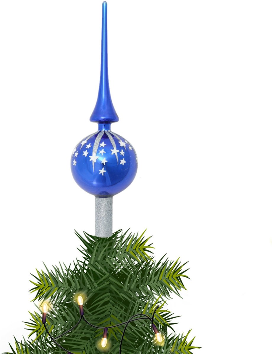 Luxe blauwe glazen piek met zilveren glitter sterren 28 cm - 1x - Kerstboompieken/kerstpieken - Glazen pieken deluxe