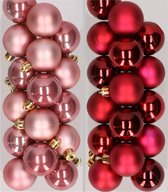 32x stuks kunststof kerstballen mix van oudroze en donkerrood 4 cm - Kerstversiering