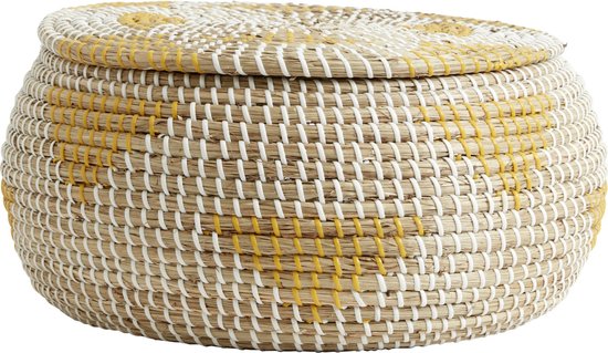 Ronde mand van zeegras in natureltint met gele accenten, inclusief deksel.