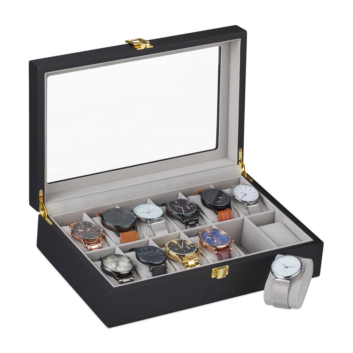 Relaxdays horlogebox - 12 horloges - sieradendoos - fluweel - kijkvenster - zwart-grijs