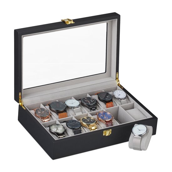 Coffret à montres Relaxdays - 12 montres - coffret à bijoux - velours - fenêtre de visualisation - noir/gris