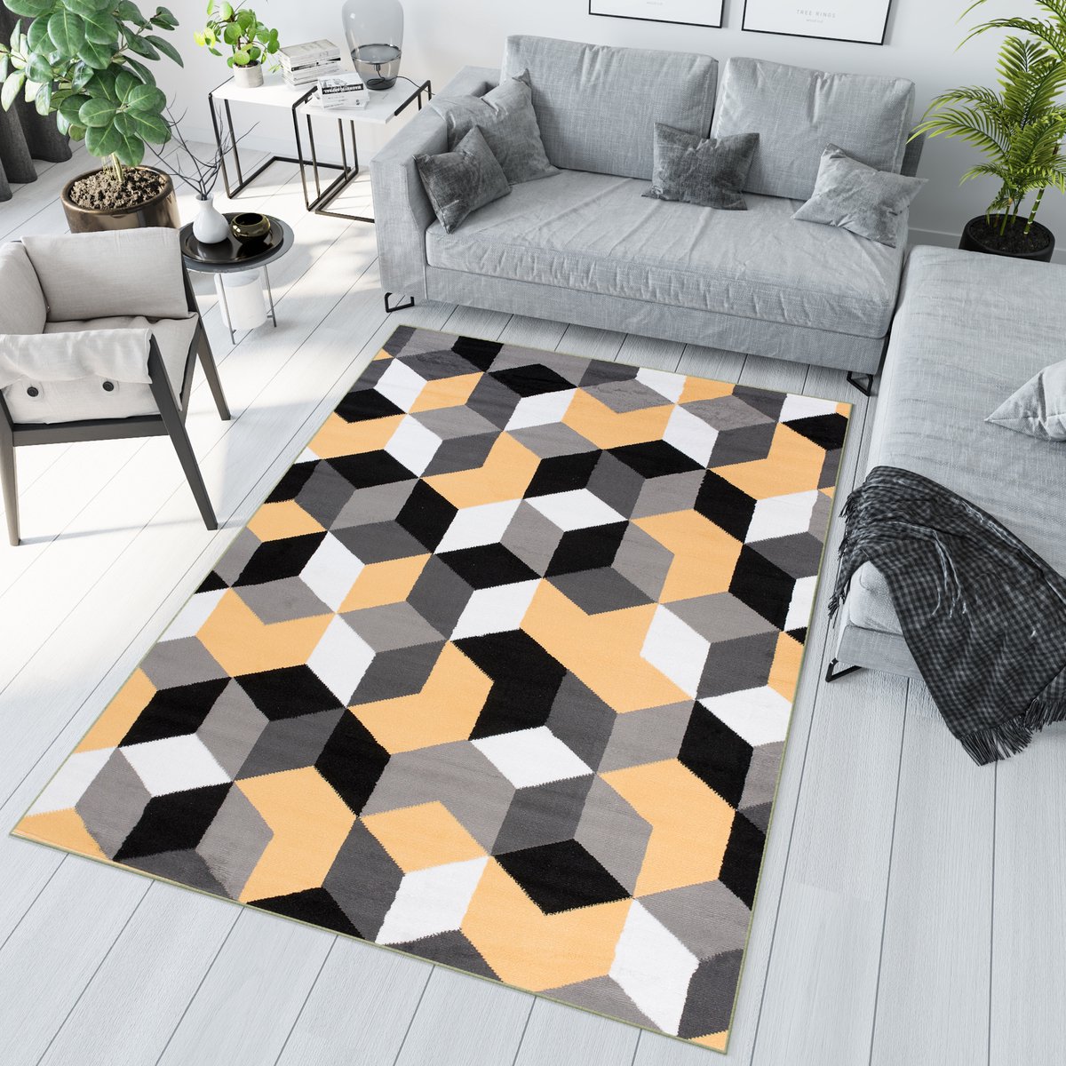Tapiso Maya Vloerkleed Antraciet Geel Woonkamer Tapijten Maat- 200x250 Grijs Geel Zwart Wit