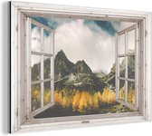 Wanddecoratie Metaal - Aluminium Schilderij Industrieel - Doorkijk - Berg - Herfst - 30x20 cm - Dibond - Foto op aluminium - Industriële muurdecoratie - Voor de woonkamer/slaapkamer