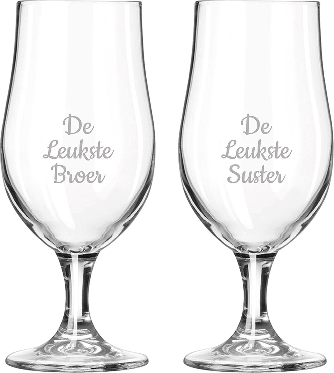 Gegraveerde bierglas op voet 49cl De Leukste Broer-De Leukste Suster