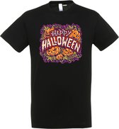 T-shirt Happy Halloween pompoen | Halloween kostuum kind dames heren | verkleedkleren meisje jongen | Zwart | maat XS