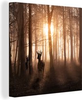 Toile - Forêt - Cerf - Nature - Coucher de soleil - Animaux - Canvasdoek - 50x50 cm - Peintures sur toile - Peinture sur toile