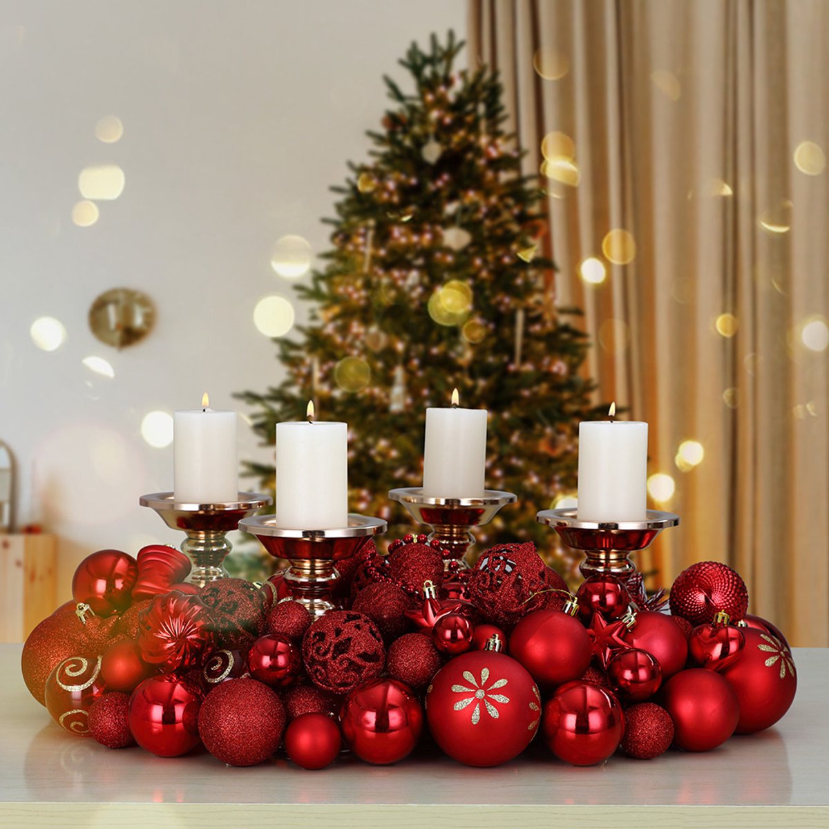 Deuba Kerstboomballen - Set van 77 Kunstof Mat Glanzend - Rood – foto 5