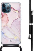 Casimoda® hoesje met koord - Geschikt voor iPhone 12 Pro Max - Marmer roze paars - Afneembaar koord - Siliconen/TPU - Paars