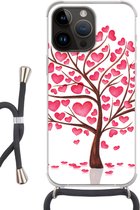 Geschikt voorApple Iphone 14 Pro - Crossbody Case - Een illustratie van een boom met hartjes - Siliconen - Crossbody - Backcover met Koord - Telefoonhoesje met koord - Hoesje met touw