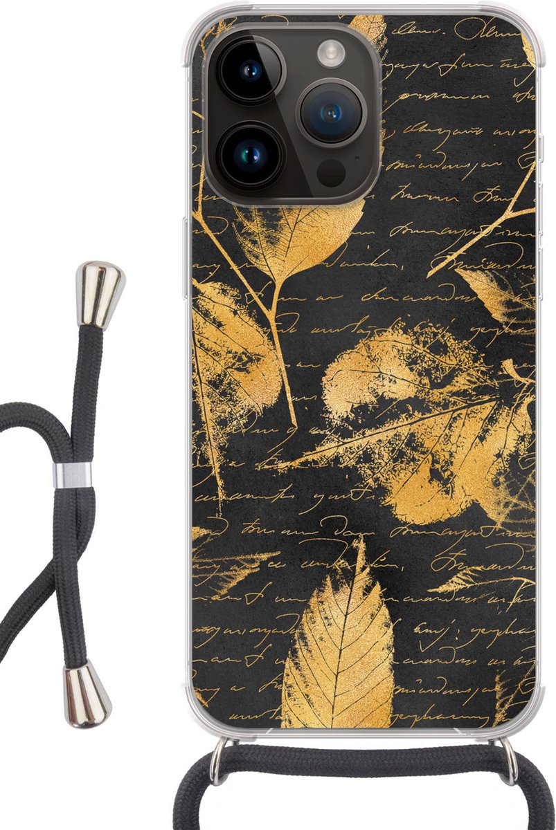 Telefoonkoord - Telefoonketting - Telefoonhoesje Geschikt voor Apple Iphone 14 Pro - Goud - Bladeren - Zwart - Siliconen - Crossbody - Telefoonhoesje met koord Telefoonhoesje