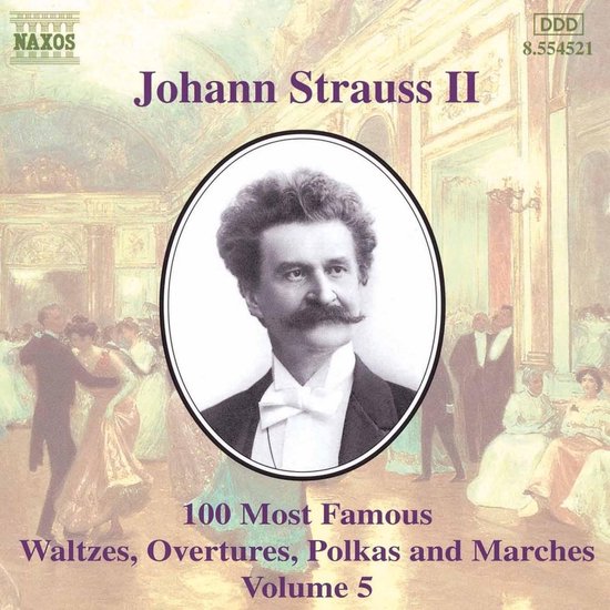 Portret van Johann Strauss II met een orkest in balzaal.