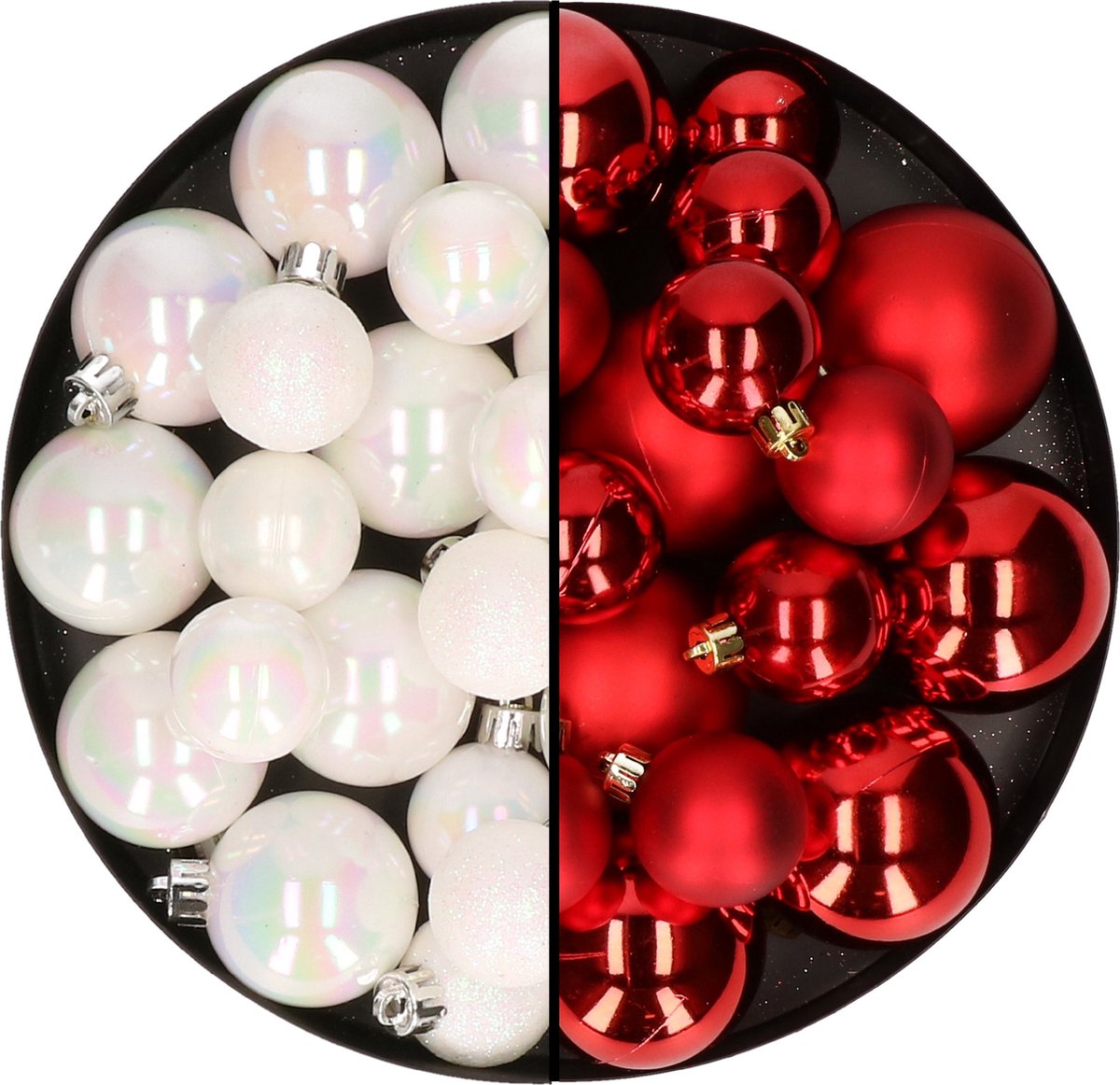 Kerstversiering kunststof kerstballen kleuren mix rood/parelmoer wit 4-6-8 cm pakket van 68x stuks