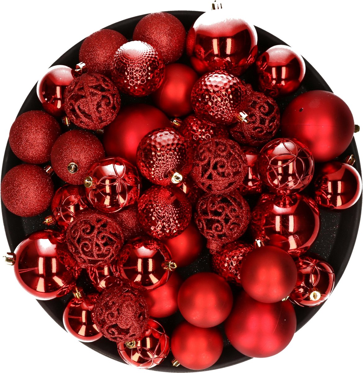 Kerstversiering kunststof kerstballen rood 6-8-10 cm pakket van 59x stuks - Kerstboomversiering