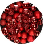 Kerstversiering kunststof kerstballen rood 6-8-10 cm pakket van 59x stuks - Kerstboomversiering