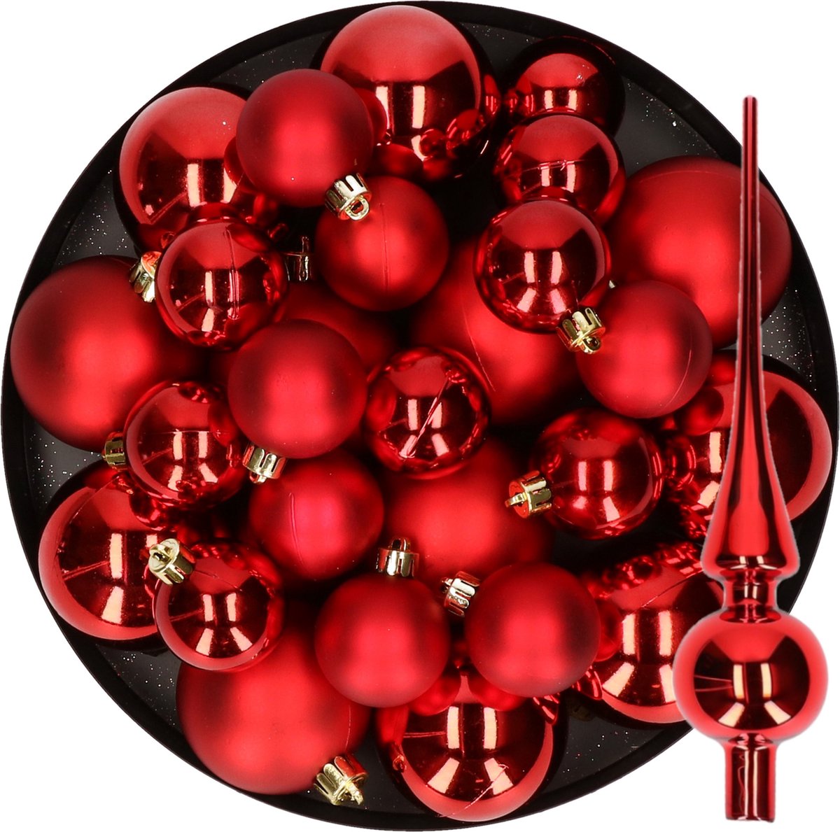 Kerstversiering kunststof kerstballen met glazen piek rood 6-8-10 cm pakket van 45x stuks - Kerstboomversiering