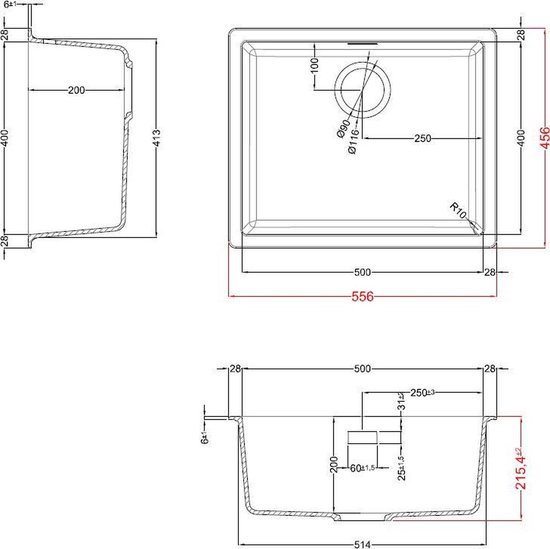 Grote Zwarte Spoelbak Keuken | Composiet Spoelbak 50x40CM | Wasbak van Mizzo Design | Voor Kasten vanaf 60cm | Onderbouw/Opbouw Gootsteen Zwart