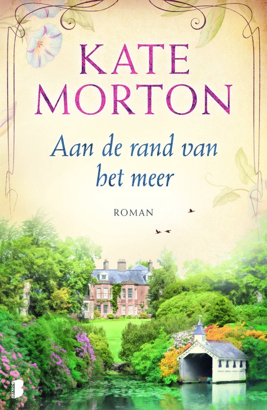 Boek "Aan de rand van het meer" van Kate Morton met een afbeelding van een landhuis aan een meer omringd door groen.