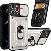 Hoesje Geschikt voor iPhone 13 Pro Max met pashouder / Ringhouder / lens bescherming – Wit