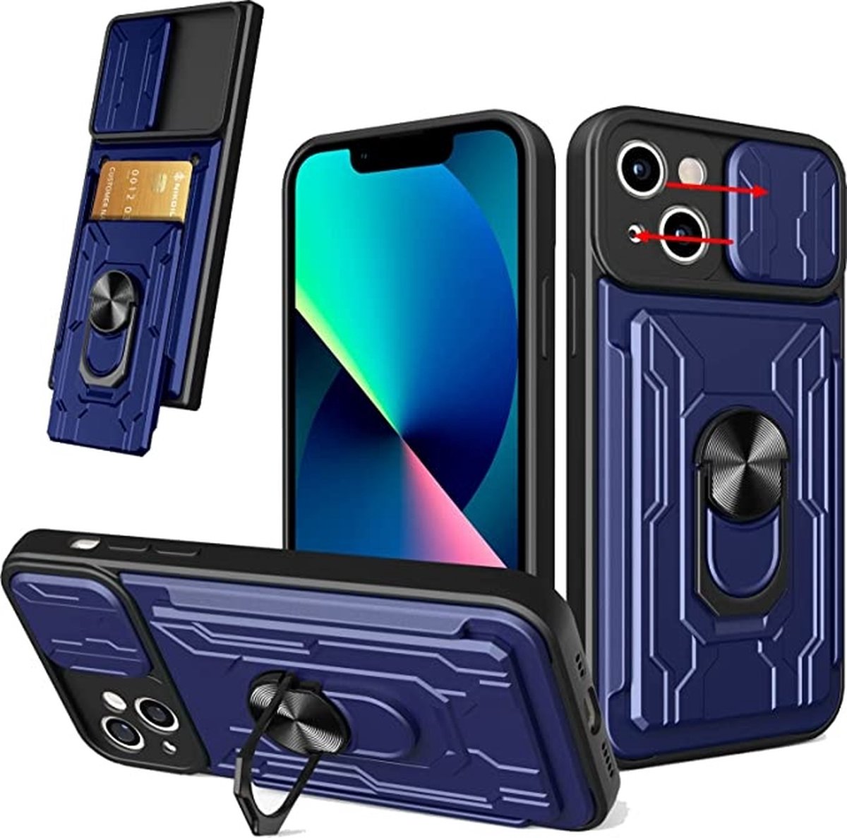 Hoesje Geschikt voor iPhone 13 met pashouder / Ringhouder / lens bescherming – Blauw