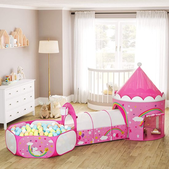 SONGMICS 3-in-1 speeltent, pop-up, met tunnel, balbad, basketbalkorf, voor kinderen, voor binnen en buiten, met eenhoorn/princess-motief, cadeau-idee, voor verjaardagen, roze LPT701P01