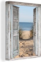 Doorkijk schilderij - Duin - Strand - Zee - Deuren - Zand - Canvas doorkijk - Schilderij doorkijk - Wanddecoratie - 30x40 cm