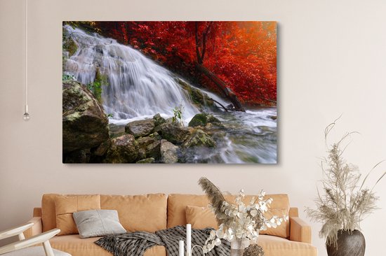 Toile Peinture Cascade - Rochers - Water - Automne - 180x120 cm - Décoration murale XXL