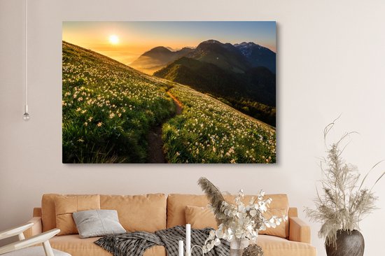 Canvas schilderij 180x120 cm - Wanddecoratie Bloemen - Zon - Bergen - Muurdecoratie woonkamer - Slaapkamer decoratie - Kamer accessoires - Schilderijen