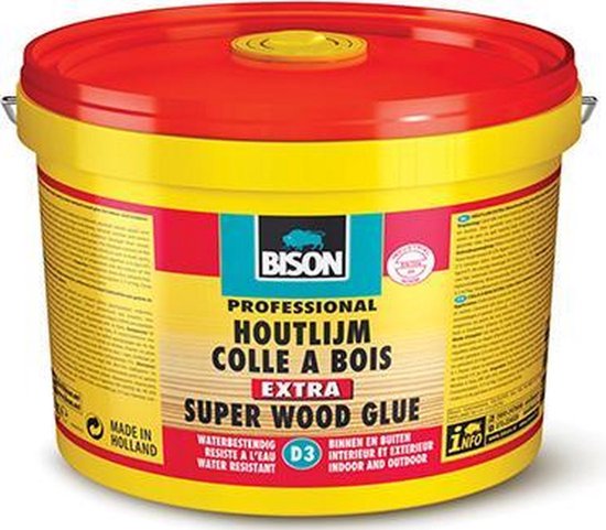 Bison Houtlijm Extra Emmer 5 kg, hoogwaardige houtlijm, voor binnen en buiten, droog tranpsarant op, sterker dan hout, oplossmiddelvrij, D3, sterker dan hout