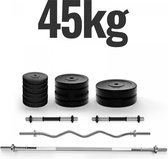 GoodVibes - Complete Dumbbell + Barbell set - Totaal gewicht 45 kg, Rechte Halterstang 165 cm, SZ Curlstang, 2 Dumbbells, Gewichtsschijven