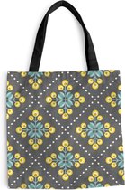 MuchoWow® Schoudertas - Strandtas - Big Shopper - Boodschappentas - Design - Ruit - Bloemen - Grijs - 45x45 cm - Katoenen tas
