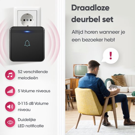 AVANTEK Draadloze deurbel met 2 ontvangers - Zwart - Bereik 400 meter - Waterdicht - Zonder batterijen - 52 melodieën