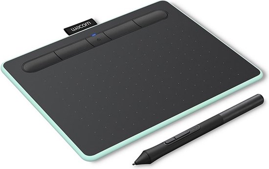 Pistache Wacom tekentablet met stylus, van de zijkant gezien.