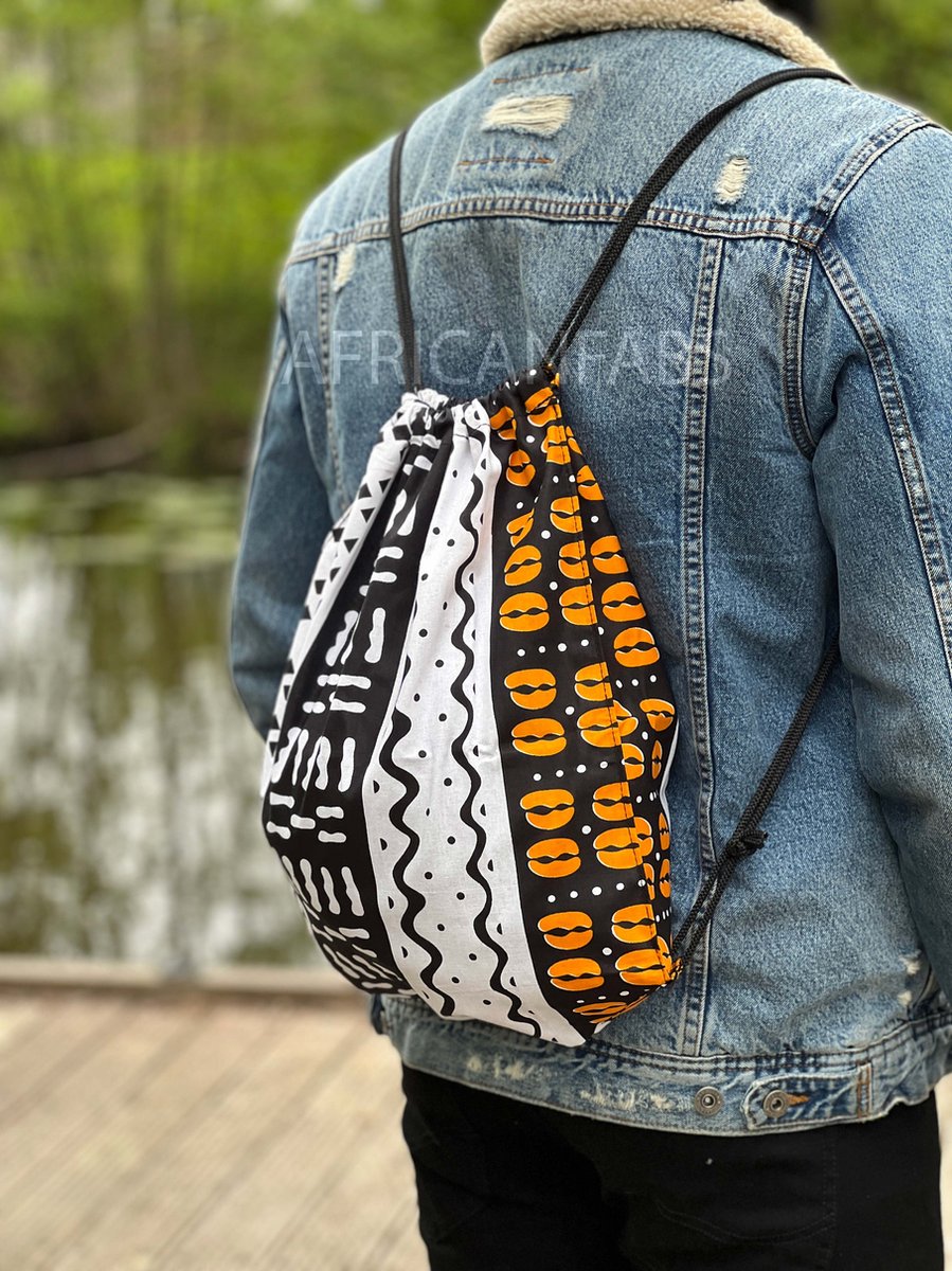 Afrikaanse print rugzak / Gymtas / Schooltas met rijgkoord - Wit / oranje bogolan - Drawstring Bag