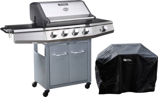 Gas BBQ gasbarbecue barbecue met led "Bingo 5" - 5 branders waarvan 1 zijbrander - 15,2 kW + beschermhoes - Zilver