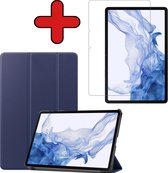 Hoes Geschikt voor Samsung Galaxy Tab S8 Hoes Book Case Hoesje Trifold Cover Met Screenprotector - Hoesje Geschikt voor Samsung Tab S8 Hoesje Bookcase - Donkerblauw