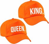2x oranje baseballcaps met King en Queen tekst - Voor volwassenenen - Koningsdag/supporters petjes