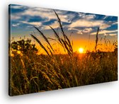 Canvas Schilderij Zonsondergang Met Gras | 30 x 20 cm | Wanddecoratie