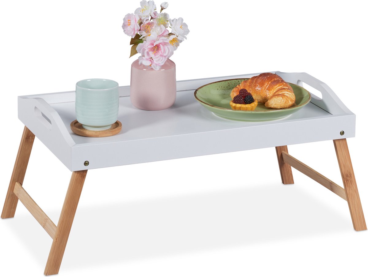 Relaxdays bedtafel inklapbaar schoottafel wit tafeltje voor op bed ontbijt