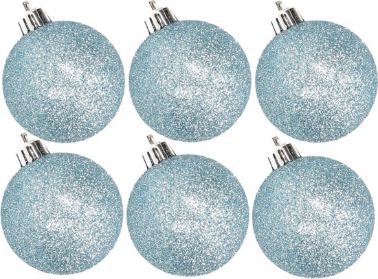 6x stuks kunststof glitter kerstballen ijsblauw 8 cm - Onbreekbare kerstballen - Kerstversiering