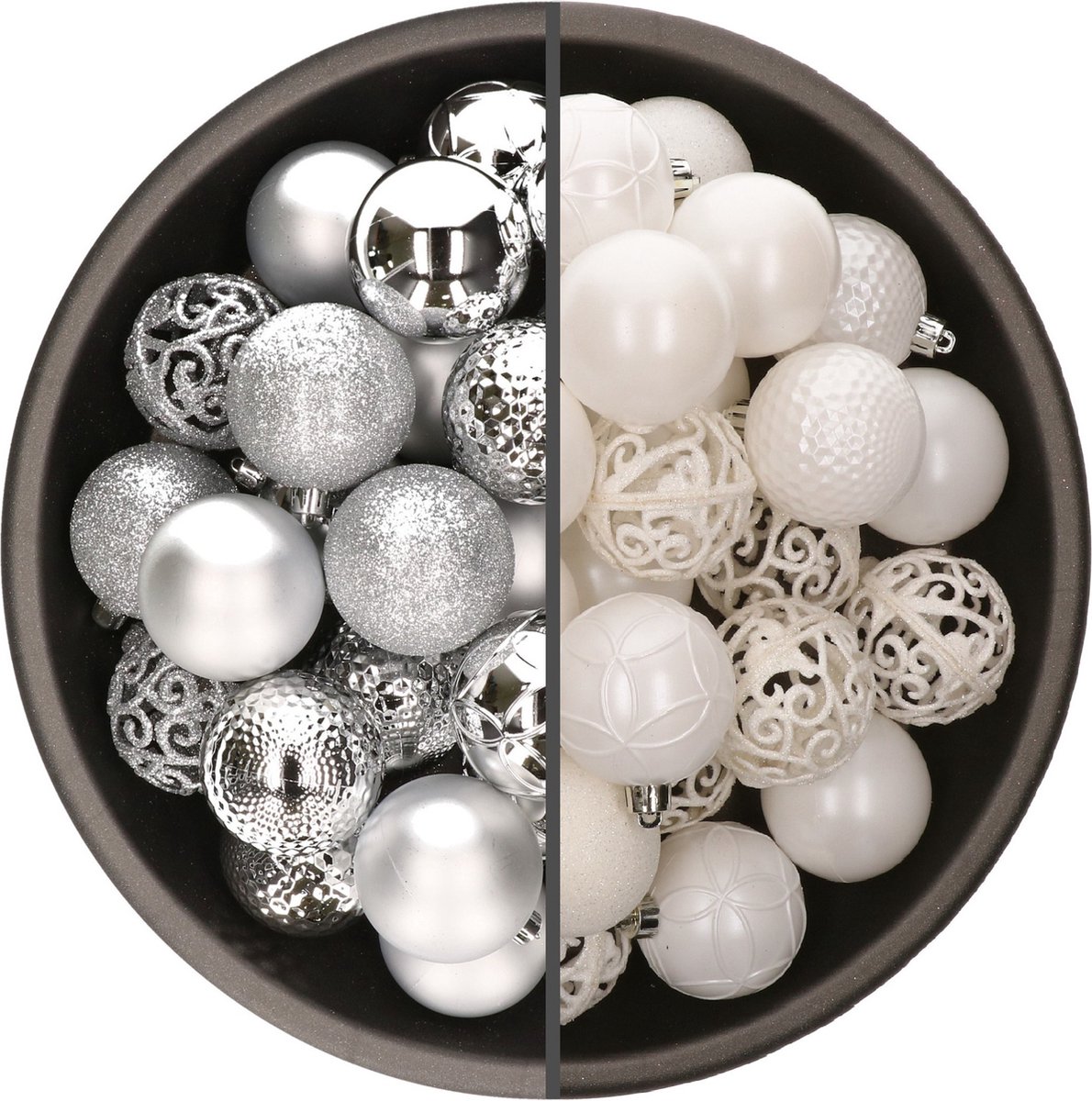Bellatio Decorations Kerstballen mix - 74-delig - zilver en wit - 6 cm - kunststof