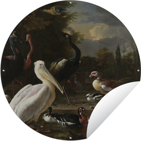 Tuincirkel Een pelikaan en ander gevogelte bij een waterbassin - Schilderij van Melchior d'Hondecoeter - 90x90 cm - Ronde Tuinposter - Buiten