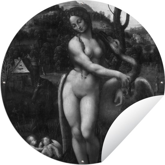 Tuincirkel Leda en de zwaan - Leonardo da Vinci - zwart wit - 120x120 cm - Ronde Tuinposter - Buiten XXL / Groot formaat!