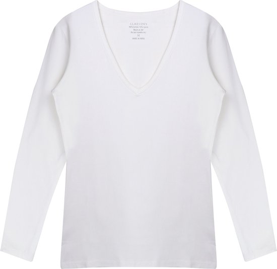 Claesen's® - Dames V-Neck T-Shirt LS - Wit - 95% Katoen - 5% Lycra