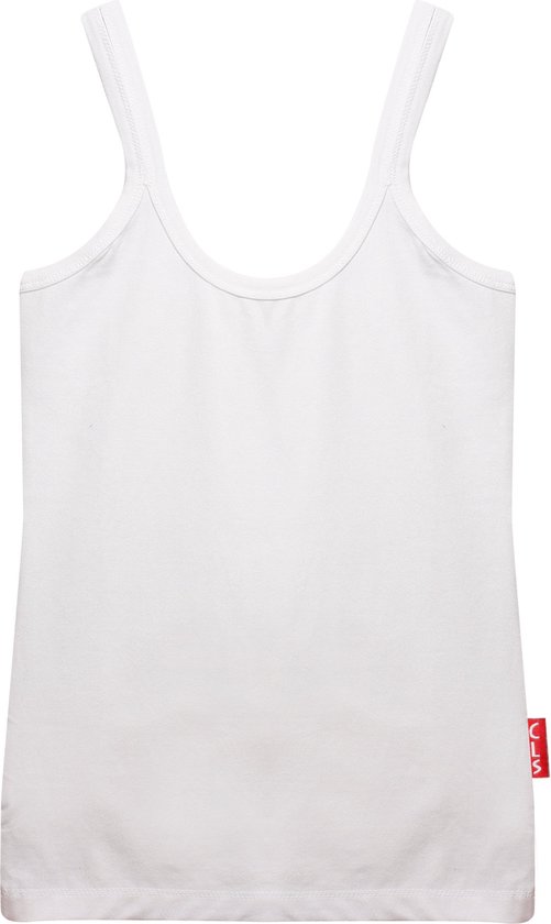 Een witte hemd met dunne bandjes en een verticaal rood label aan de rechterkant.