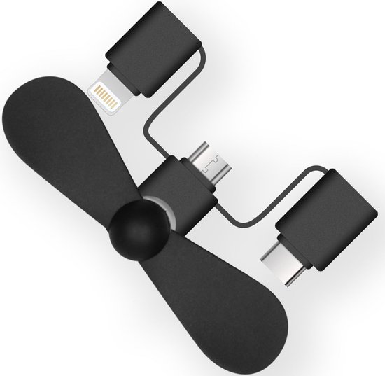 iMoshion 3-in-1 smartphone ventilator Lightning, USB-C & Micro-USB - Zwart