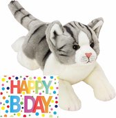 Pluche knuffel grijs/witte kat/poes van 33 cm met A5-size Happy Birthday wenskaart - Verjaardag cadeau setje