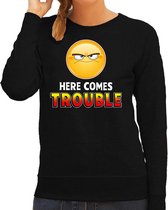 Funny emoticon sweater Here comes trouble zwart voor dames - Fun / cadeau trui XS