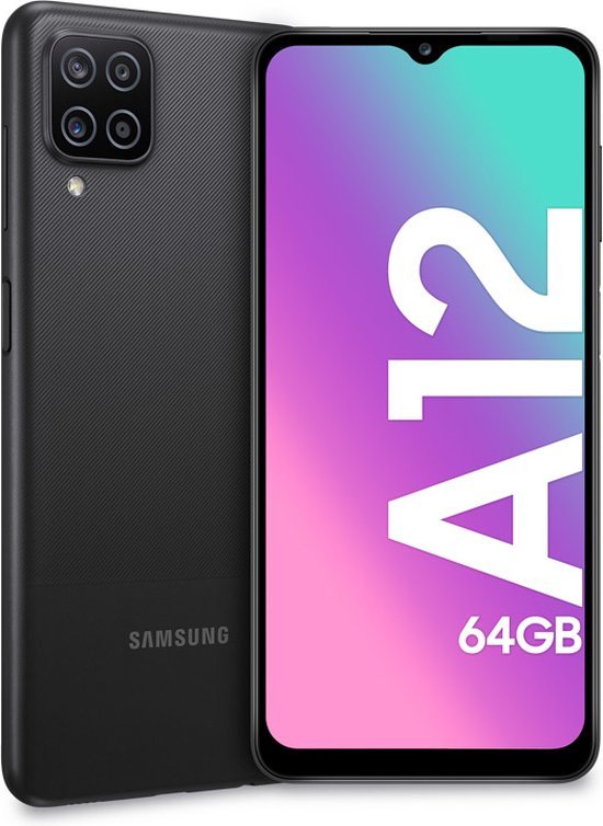 Zwarte Samsung Galaxy A12 naast een scherm waarop 'A12 64GB' staat.