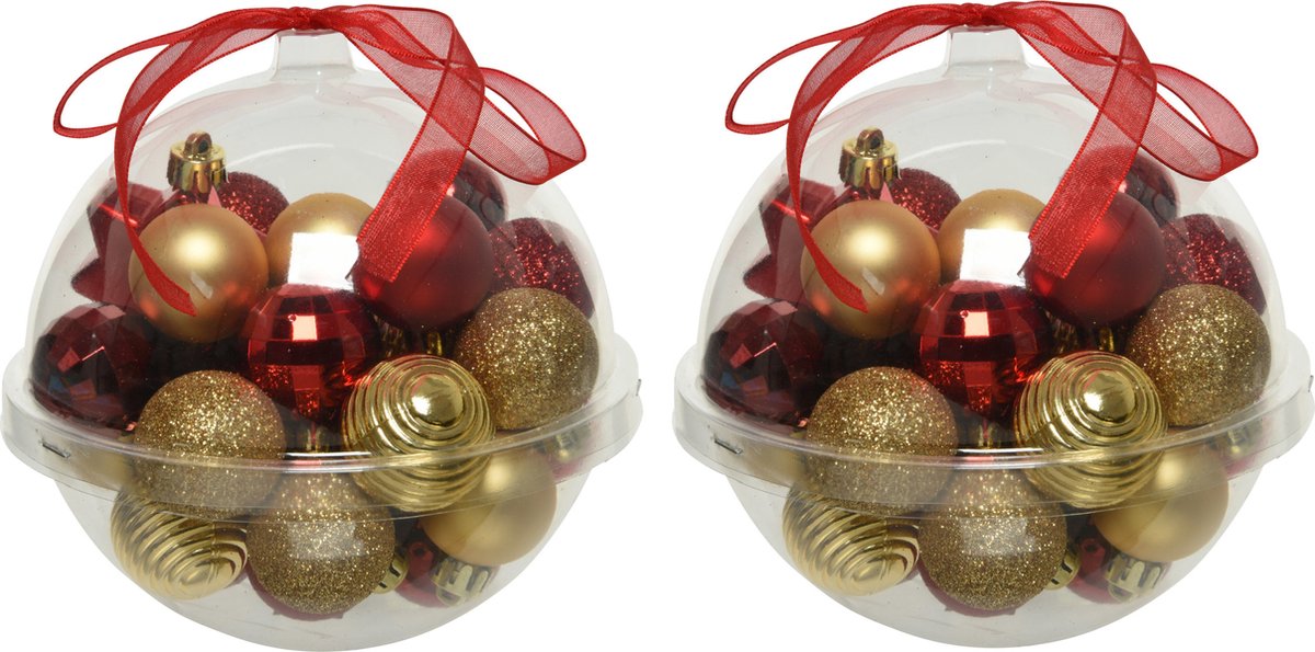 60x stuks kleine kunststof kerstballen rood/donkerrood/goud 3 cm - glans/mat/glitter - Kerstboomversiering