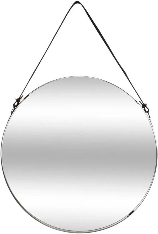 Spiegel/wandspiegel rond D38 cm metaal zwart met koord - Woondecoratie/accessoires